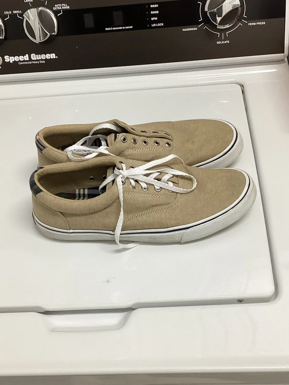 Sperry Men’s Tan Canvas Boat Shoes with White Laces